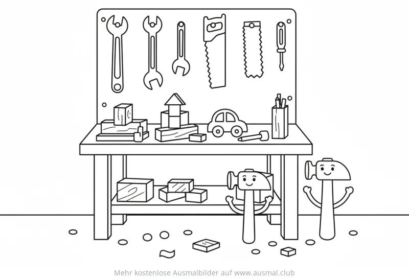 Werkbank mit Werkzeugen und Spielzeug Ausmalbild