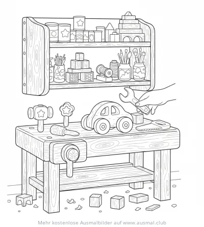 Werkbank mit Werkzeug und Spielzeug Ausmalbild