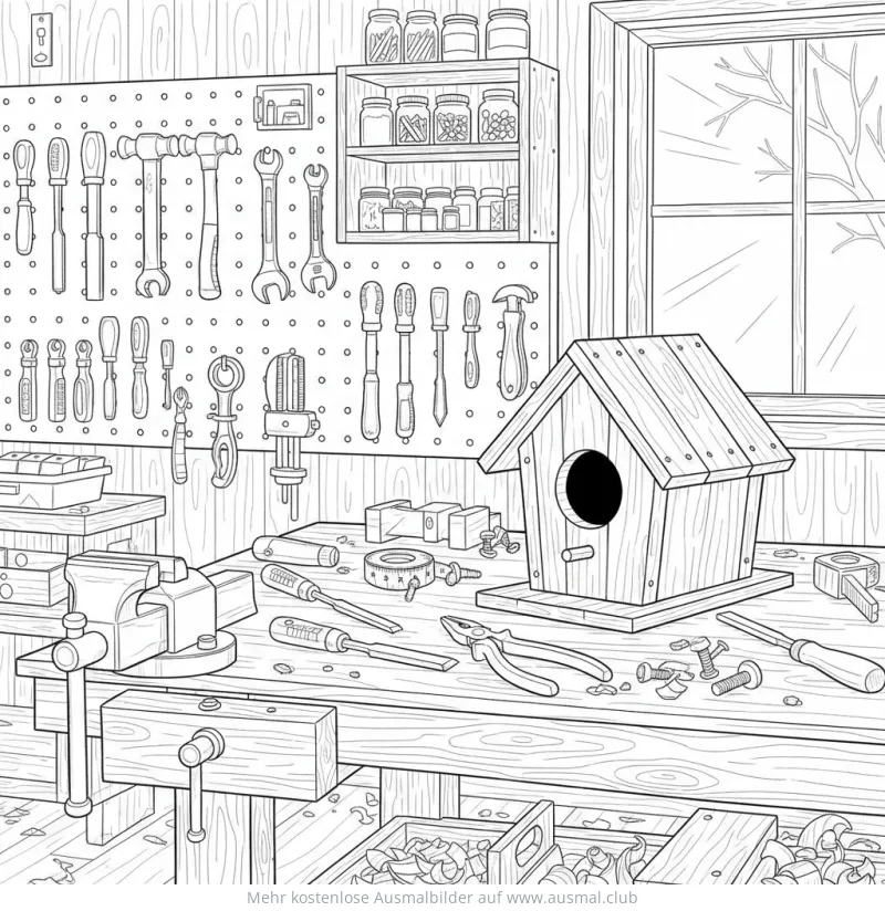 Werkstatt Ausmalbild mit Werkbank, Werkzeugen und Vogelhaus