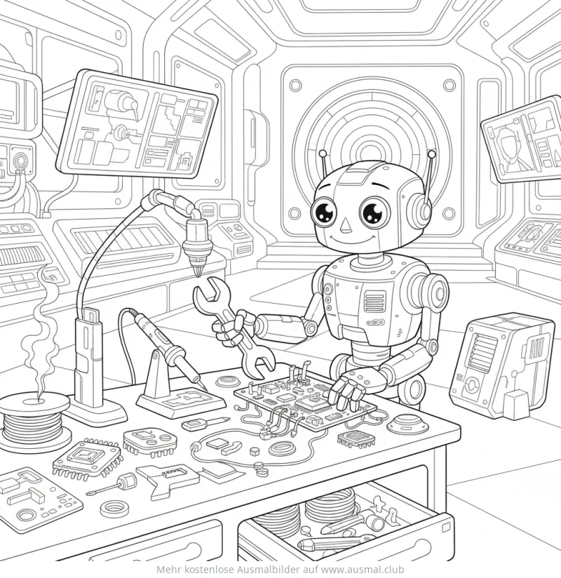 Roboter an der Werkbank Ausmalbild
