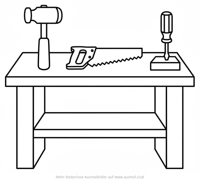 Werkbank Ausmalbild mit Hammer, Säge und Schraubendreher