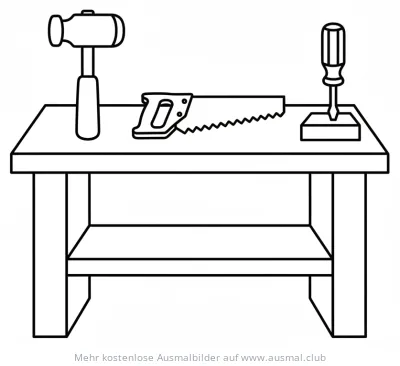 Werkbank Ausmalbild mit Hammer, Säge und Schraubendreher