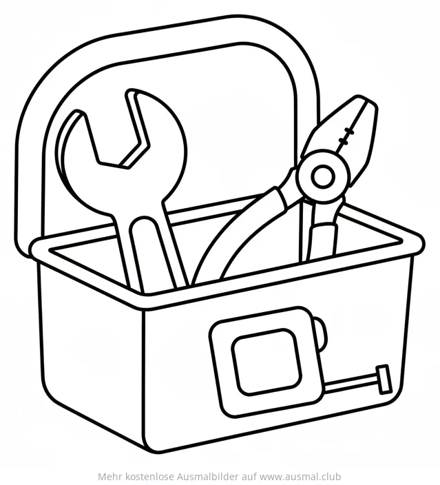 Werkzeugkiste mit Schraubenschlüssel, Zange und Maßband Ausmalbild