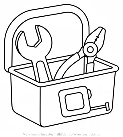 Werkzeugkiste mit Schraubenschlüssel, Zange und Maßband Ausmalbild