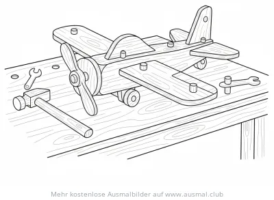 Holzflugzeug auf Werkbank Ausmalbild