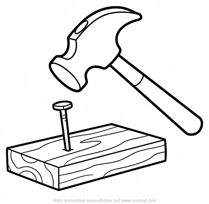 Hammer schlägt Nagel in Holzstück Ausmalbild