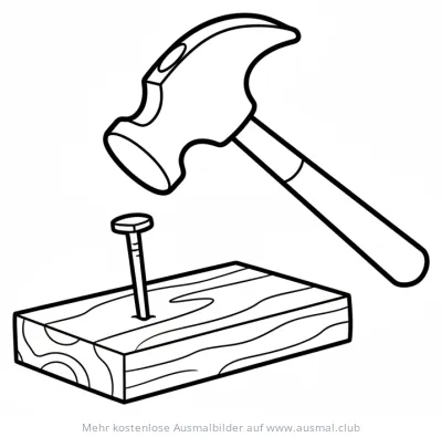 Hammer schlägt Nagel in Holzstück Ausmalbild