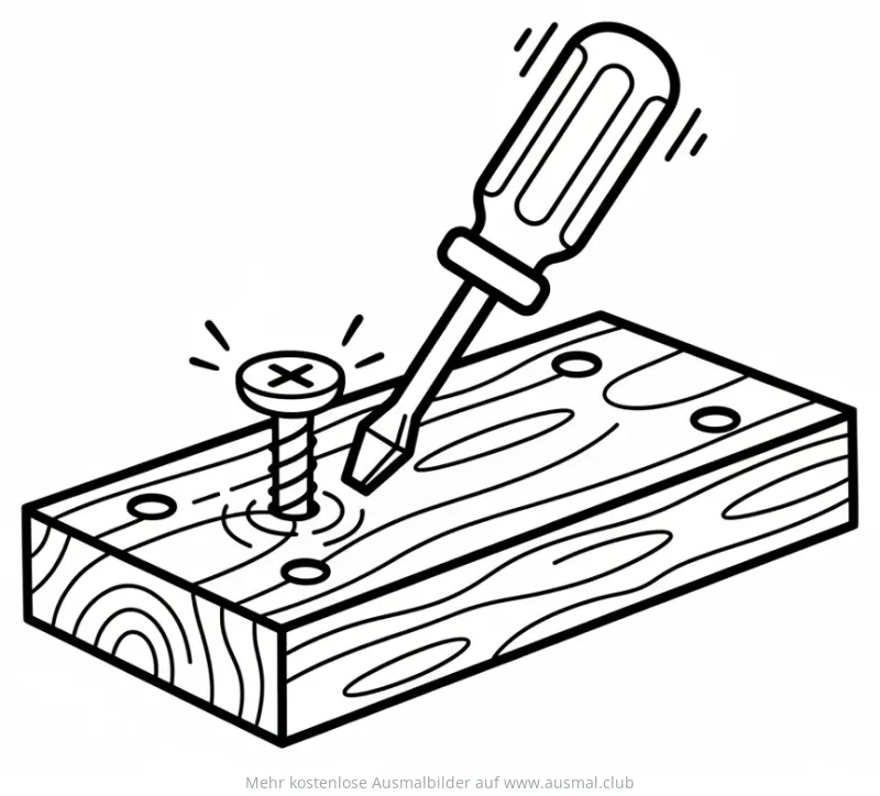 Schraubenzieher dreht Schraube in Holzbrett Ausmalbild