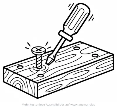 Schraubenzieher dreht Schraube in Holzbrett Ausmalbild