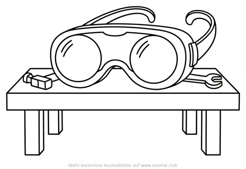 Werkbank Ausmalbild mit Schutzbrille, Hammer und Schraubenschlüssel