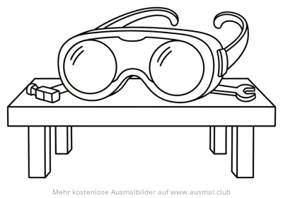 Werkbank Ausmalbild mit Schutzbrille, Hammer und Schraubenschlüssel