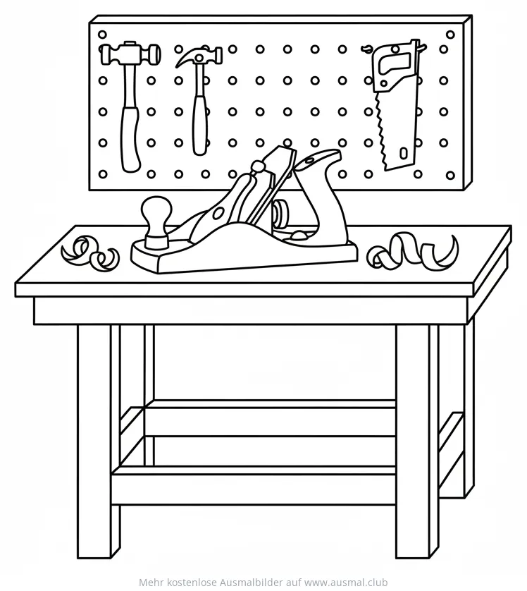Werkbank Ausmalbild mit Hobel und Werkzeugen