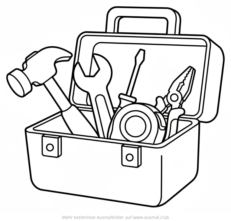 Werkzeugkoffer Ausmalbild mit Hammer, Schraubenschlüssel, Schraubenzieher und Zange
