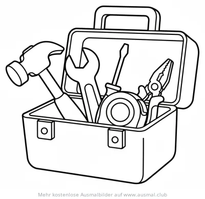 Werkzeugkoffer Ausmalbild mit Hammer, Schraubenschlüssel, Schraubenzieher und Zange