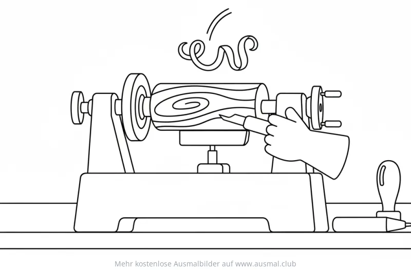 Drehbank Ausmalbild mit Werkstück und Werkzeug