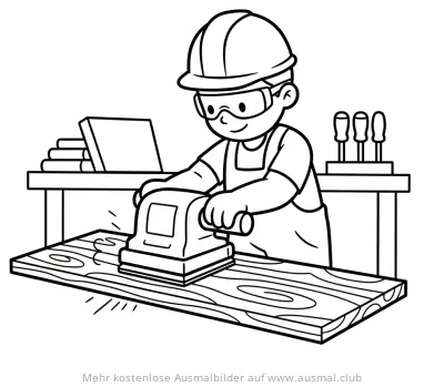 Handwerker schleift Holzbrett mit Schleifmaschine Ausmalbild