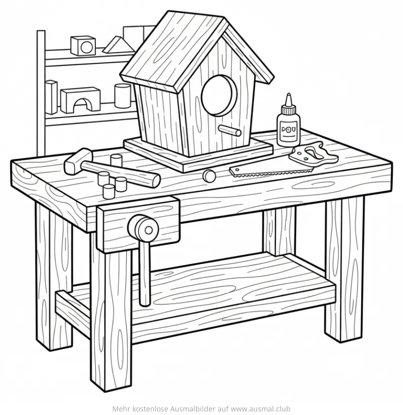 Werkbank mit Vogelhaus Ausmalbild