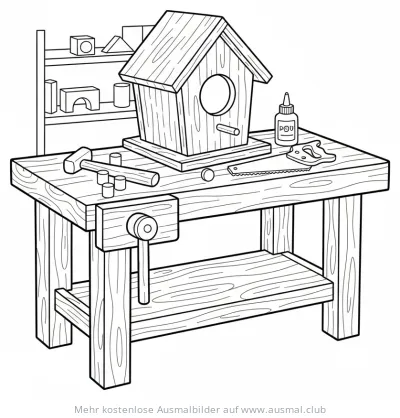 Werkbank mit Vogelhaus Ausmalbild