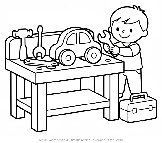 Werkbank Ausmalbild mit Junge und Werkzeug