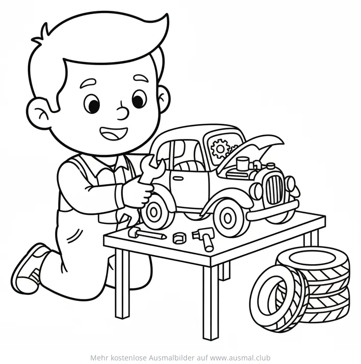 Junge Automechaniker mit Werkzeug und Oldtimer auf Werkbank Ausmalbild