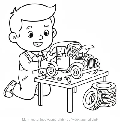 Junge Automechaniker mit Werkzeug und Oldtimer auf Werkbank Ausmalbild