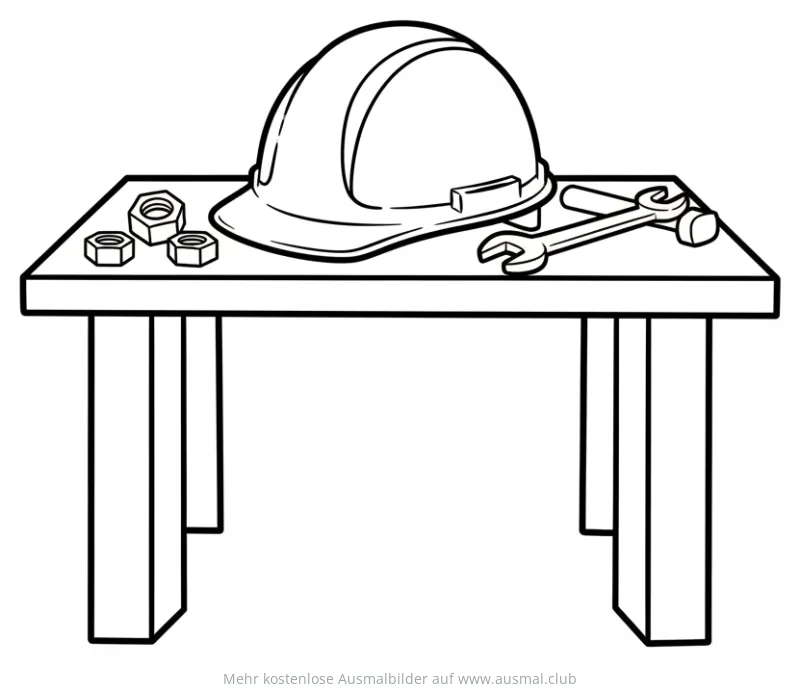 Werkbank Ausmalbild mit Bauhelm, Schraubenschlüssel und Muttern