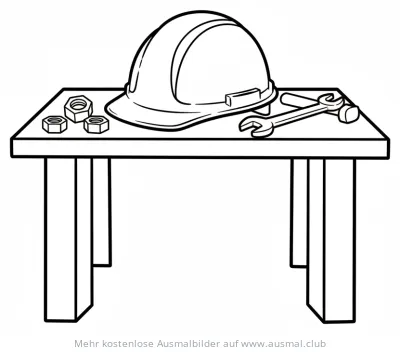 Werkbank Ausmalbild mit Bauhelm, Schraubenschlüssel und Muttern