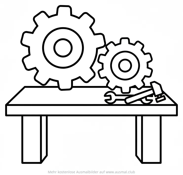 Werkbank mit Zahnrädern, Hammer und Schraubenschlüssel Ausmalbild