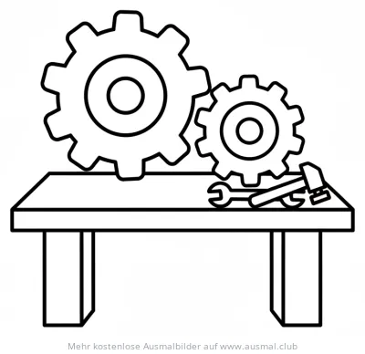 Werkbank mit Zahnrädern, Hammer und Schraubenschlüssel Ausmalbild