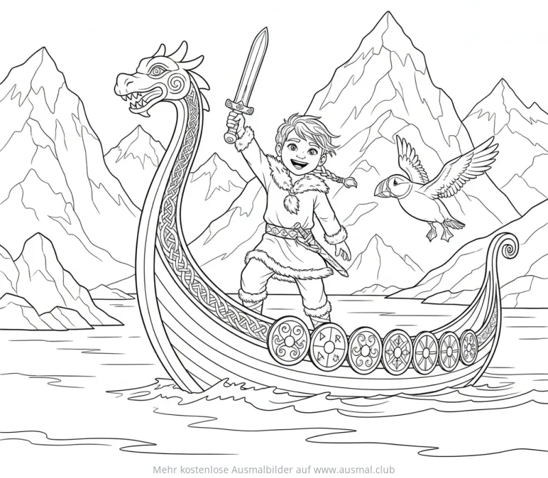 Wikingerjunge mit Schwert auf Wikingerschiff Ausmalbild