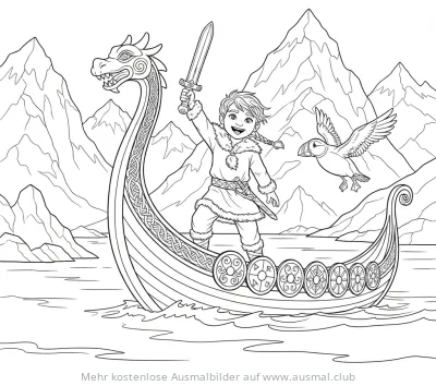 Wikingerjunge mit Schwert auf Wikingerschiff Ausmalbild