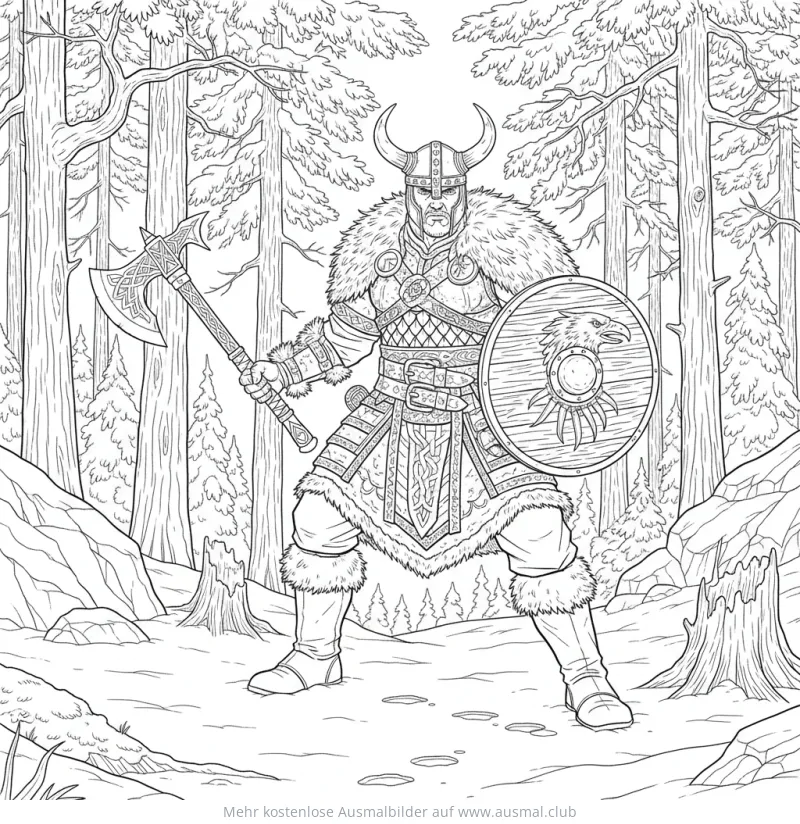 Wikinger Krieger mit Axt und Schild im Wald Ausmalbild