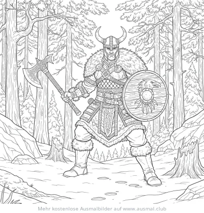 Wikinger Krieger mit Axt und Schild im Wald Ausmalbild