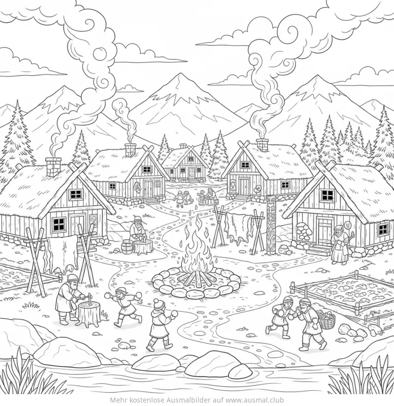Wikingerdorf Ausmalbild mit Häusern, Menschen und spielenden Kindern
