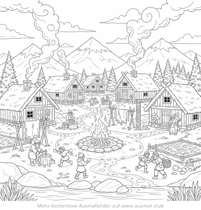 Wikingerdorf Ausmalbild mit Häusern, Menschen und spielenden Kindern