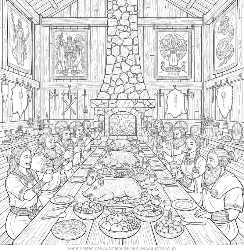 Wikinger Festmahl in großer Halle Ausmalbild