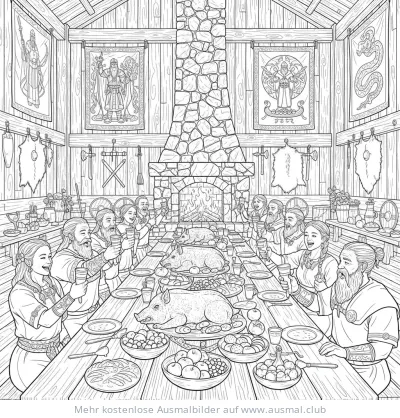 Wikinger Festmahl in großer Halle Ausmalbild