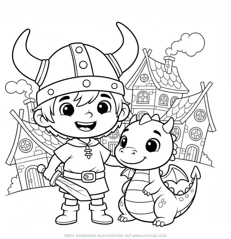 Wikinger Junge mit Drachen Ausmalbild vor Wikingerhäusern