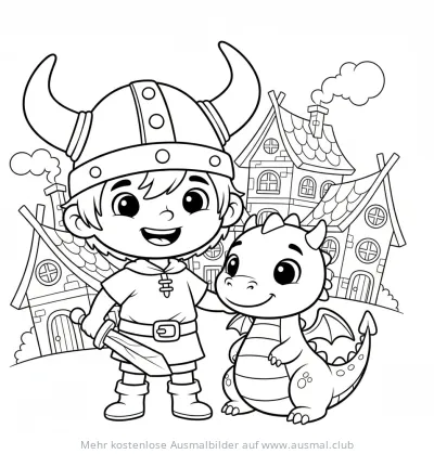 Wikinger Junge mit Drachen Ausmalbild vor Wikingerhäusern