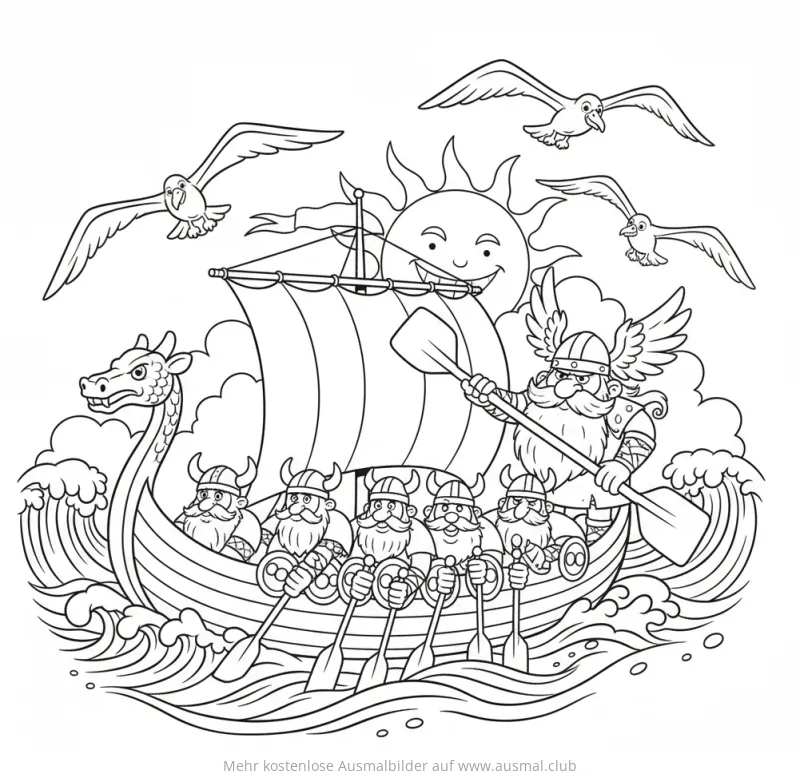 Wikinger Schiff mit Mannschaft, Möwen und lachender Sonne Ausmalbild