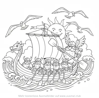Wikinger Schiff mit Mannschaft, Möwen und lachender Sonne Ausmalbild
