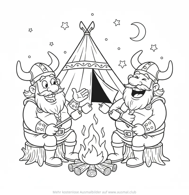 Zwei Wikinger grillen Marshmallows am Lagerfeuer vor einem Tipi Ausmalbild
