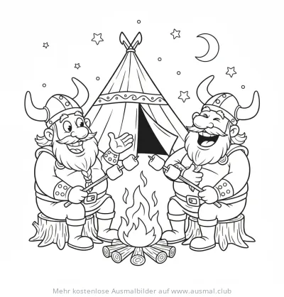 Zwei Wikinger grillen Marshmallows am Lagerfeuer vor einem Tipi Ausmalbild