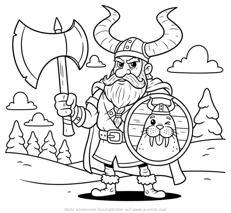 Wikinger Krieger mit Axt und Schild mit Seehund Ausmalbild