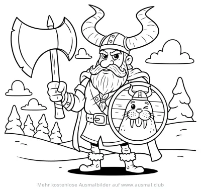 Wikinger Krieger mit Axt und Schild mit Seehund Ausmalbild