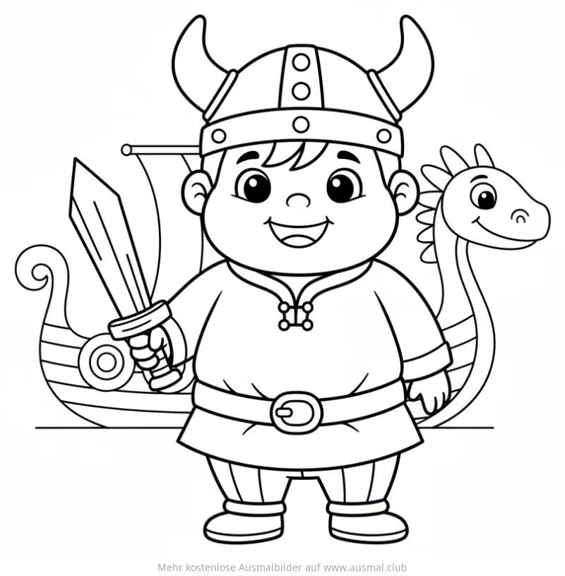 Wikinger Junge mit Schwert und Drache Ausmalbild