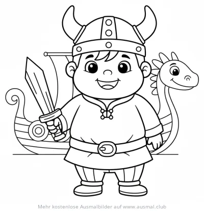 Wikinger Junge mit Schwert und Drache Ausmalbild