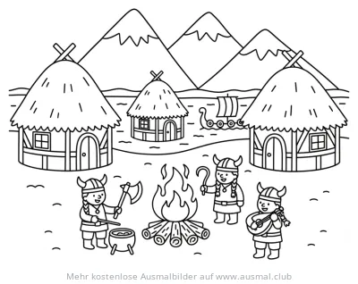 Wikingerdorf mit Wikingern am Lagerfeuer Ausmalbild