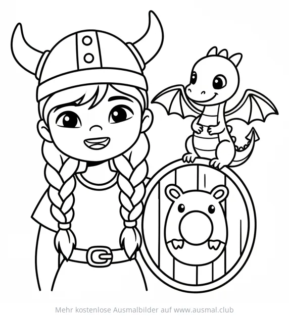 Wikinger Mädchen mit Drache und Schild Ausmalbild