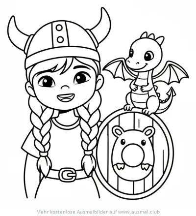 Wikinger Mädchen mit Drache und Schild Ausmalbild